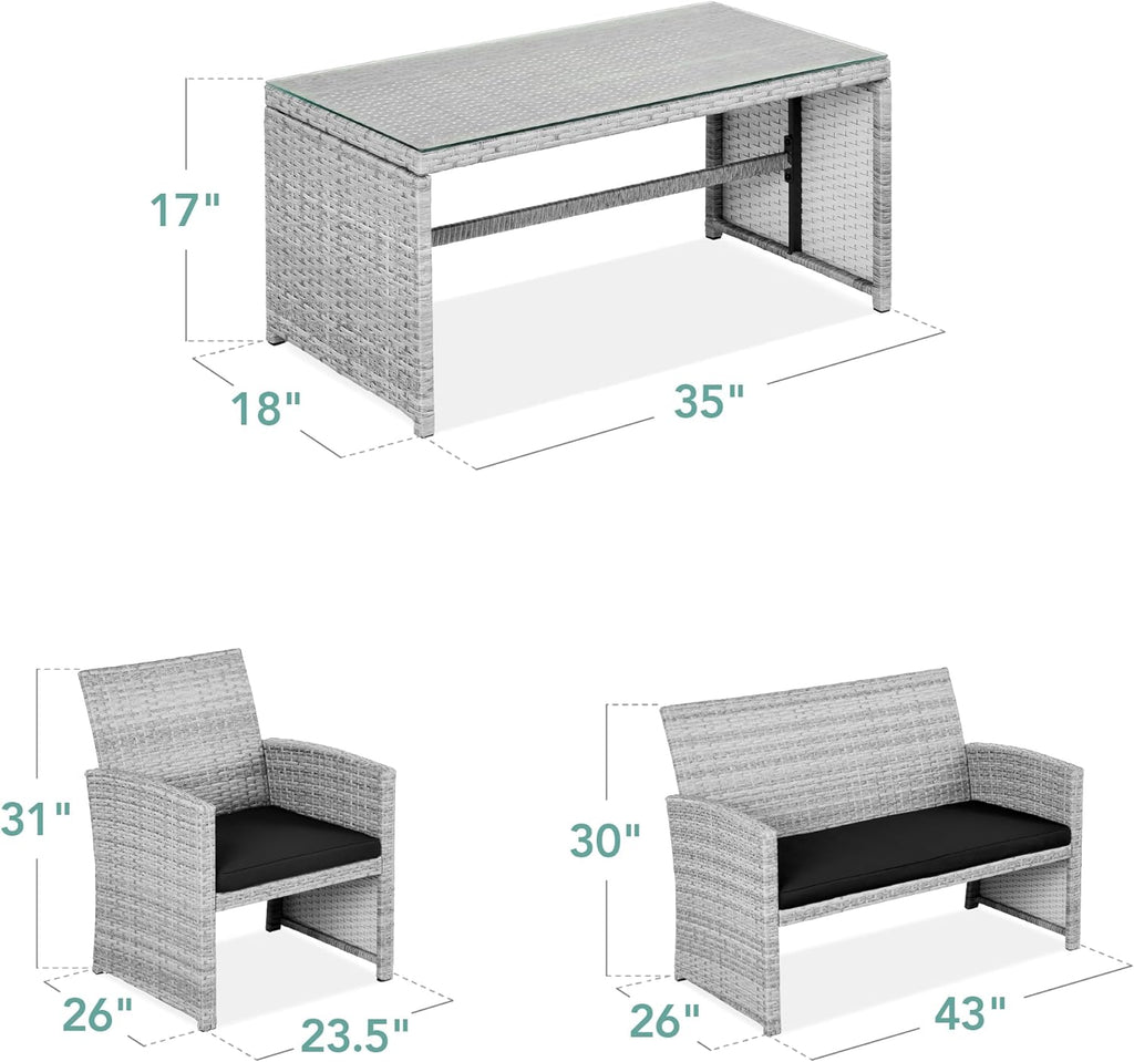 Best Choice Products - Juego de muebles de mimbre para patio de patio de 4 piezas para patio trasero con mesa de centro, cojines de asiento, gris/negro