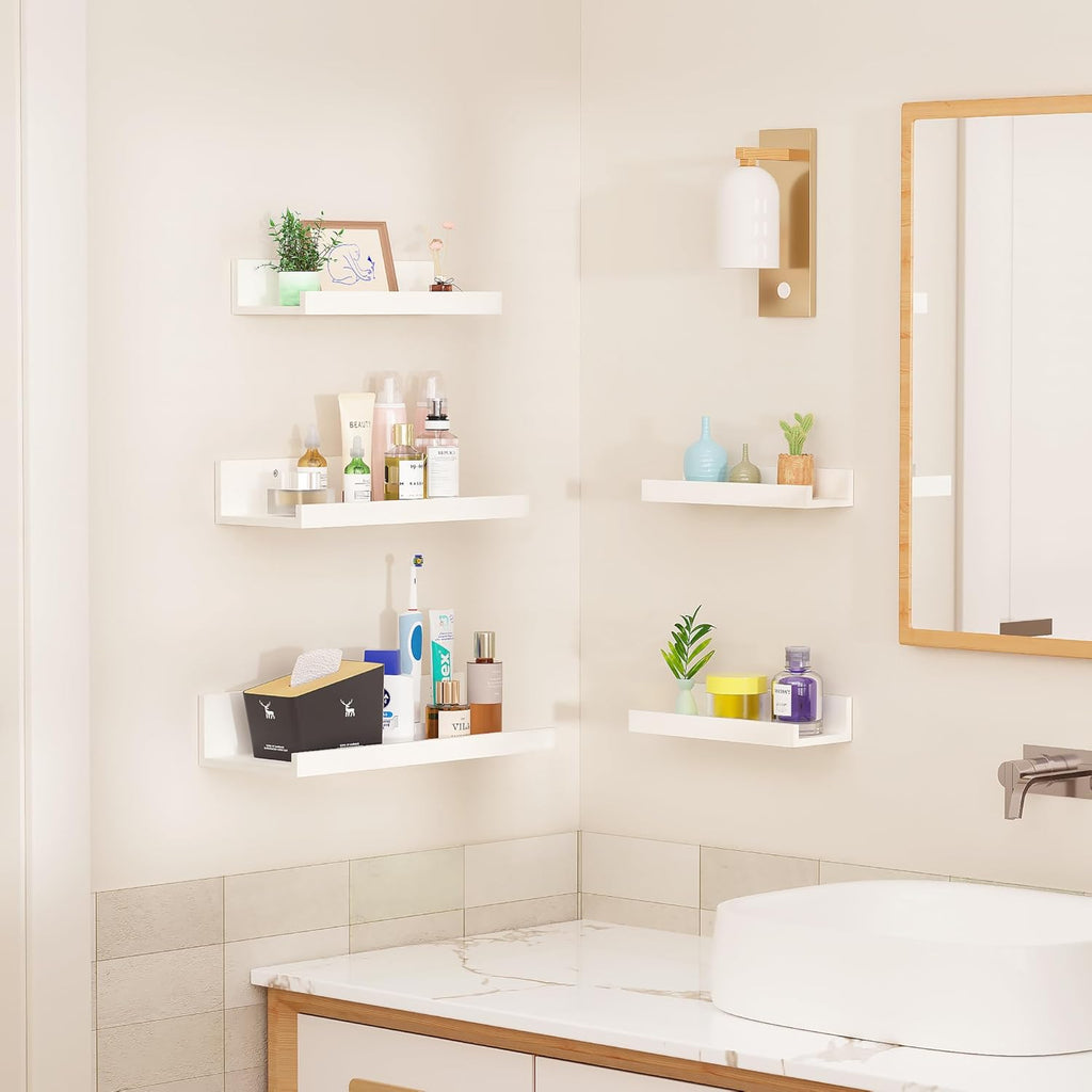 Upsimples Home - Estantes flotantes para decoración de pared, juego de 5 estantes de madera montados en la pared para recámara, sala de estar, baño, cocina, estantes de repisa de cuadros pequeños,