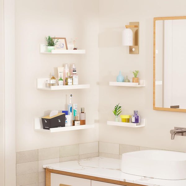 Upsimples Home - Estantes flotantes para decoración de pared, juego de 5 estantes de madera montados en la pared para recámara, sala de estar, baño, cocina, estantes de repisa de cuadros pequeños,