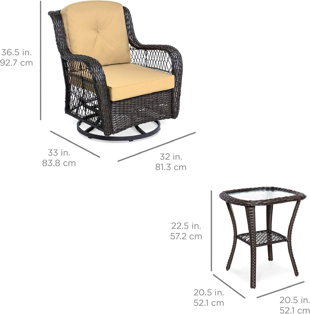 Best Choice Products - Juego de muebles de mimbre para exteriores con 2 mecedoras giratorias de 360 grados y mesa auxiliar de cristal templado, color beige