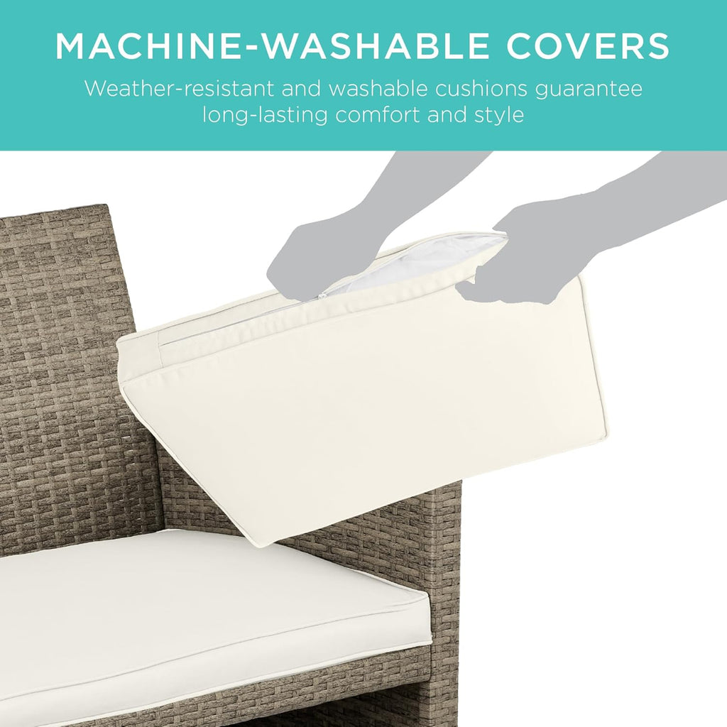Best Choice Products - Juego de muebles de mimbre para patio de patio de 4 piezas para patio trasero con mesa de centro, cojines de asiento, color topo/arena blanca