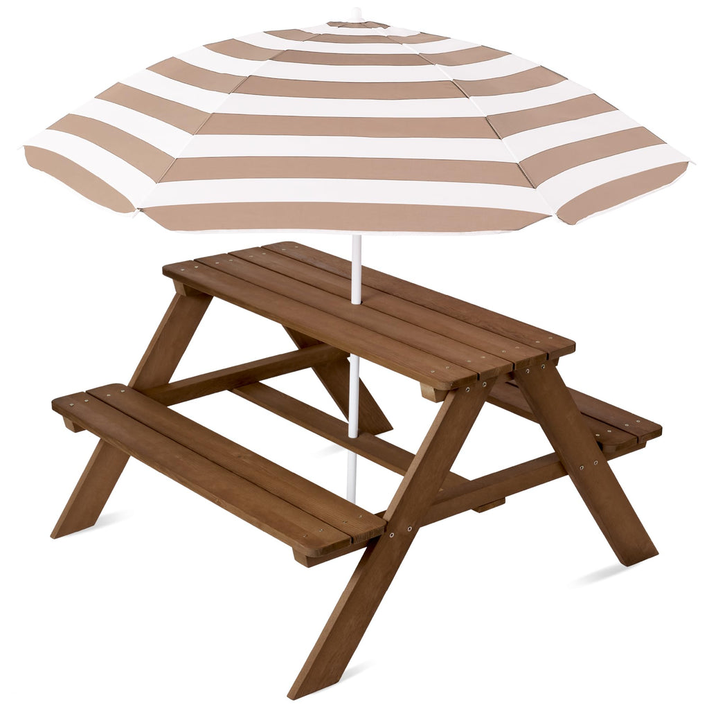Best Choice Products - Mesa de picnic de madera para niños, mesa de actividades al aire última intervensión y comedor con paraguas plegable ajustable, asientos integrados, color natural/rosa oscuro
