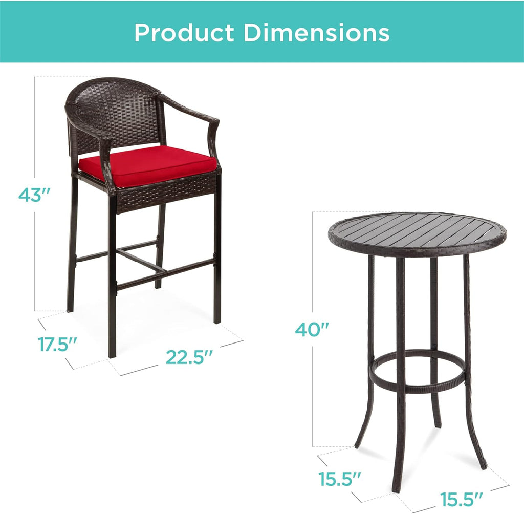 Best Choice Products Juego de mesa de bar de patio de 3 piezas, muebles de mimbre para exteriores, altura de barra de bistró para patio, piscina, balcón con taburetes, cojines, marco de acero, color marrón/rojo