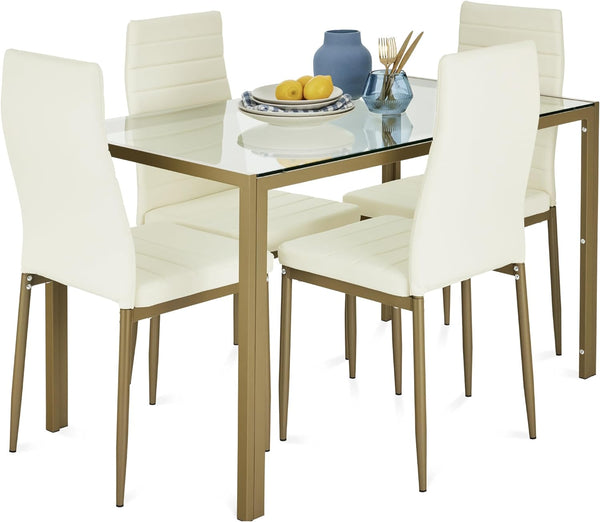 Best Choice Products - Juego de comedor de vidrio de 5 piezas, muebles modernos de mesa de cocina para comedor, comedor, comedor, compacto ahorro de espacio con mesa de vidrio, 4 sillas de poliuretano