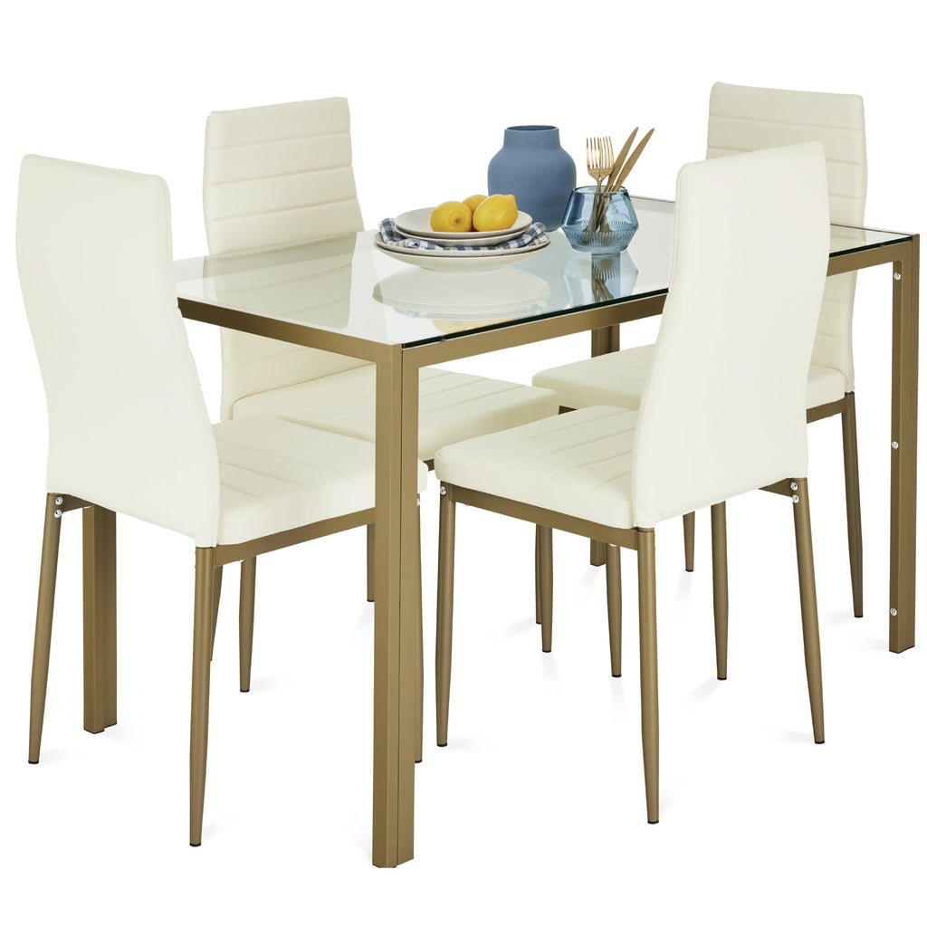 Best Choice Products - Juego de comedor de vidrio de 5 piezas, muebles modernos de mesa de cocina para comedor, comedor, comedor, compacto ahorro de espacio con mesa de vidrio, 4 sillas tapizadas de