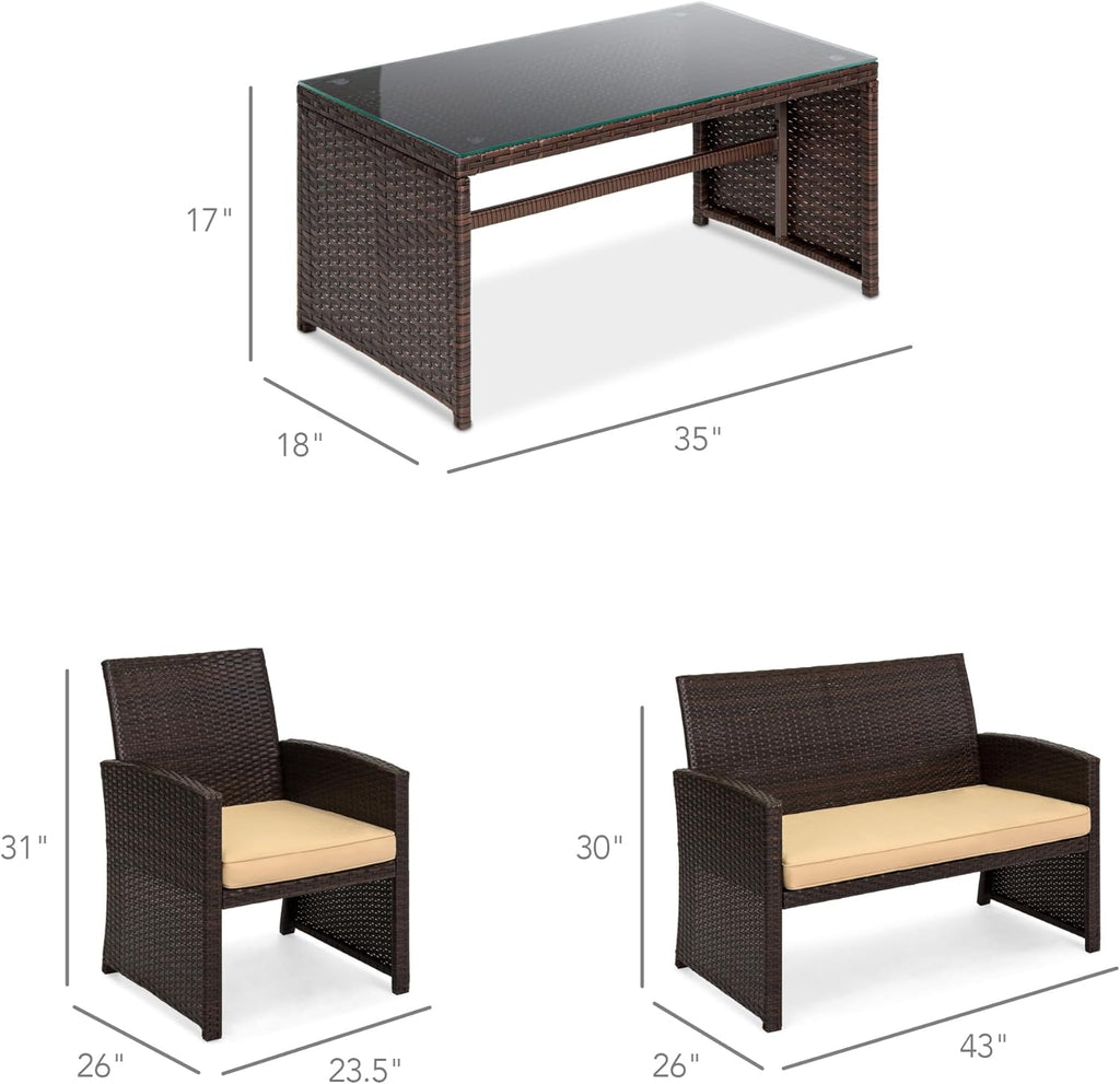 Best Choice Products Juego de Muebles de Mimbre de 4 Piezas con 4 Asientos, Mesa de Cristal Templado, Cojines de Mimbre marrón/Beige