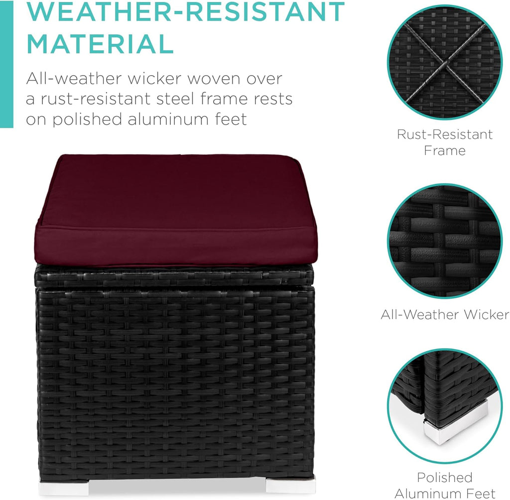 Best Choice Products - Juego de 2 otomanas de mimbre, muebles multiusos para exteriores, para patio, asiento adicional, reposapiés, mesa auxiliar con almacenamiento, cojines extraíbles, color borgoña