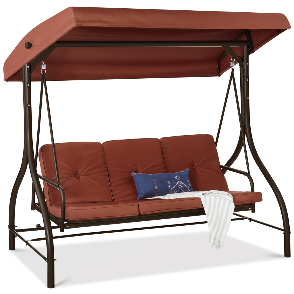 Best Choice Products - Toldo de 3 asientos para exteriores, gran convertible, hamaca de patio, sillón para porche, patio trasero con cama plana, visualización ajustable, cojines extraíbles, color azul