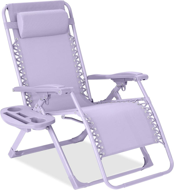 Best Choice Products - Silla ajustable de alta calidad con gravedad cero y monocromática, plegable, reclinable para patio con bandeja lateral, reposacabezas - Lavanda