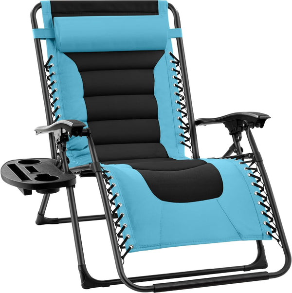 Best Choice Products - Silla acolchada de gran tamaño, reclinable plegable para patio al aire última intervensión, tumbona antigravedad XL para patio trasero con reposacabezas, soporte para vasos, bandeja lateral, malla de poliéster, azul claro/negro