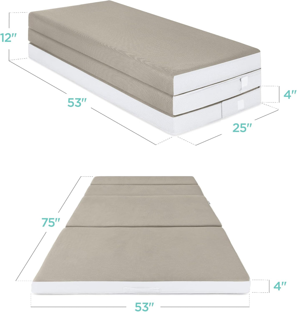 Best Choice Products Colchón portátil de tamaño completo de 4 pulgadas, cubrecolchón plegable para camping, invitados, niños pequeños, felpa de espuma con funda de transporte, color gris pardo