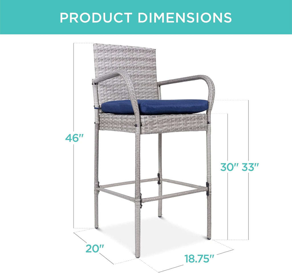 Best Choice Products - Juego de 2 taburetes de bar de mimbre, sillas de altura para interiores y exteriores con cojín, reposapiés, reposabrazos para patio trasero, patio, piscina, jardín, cubierta,