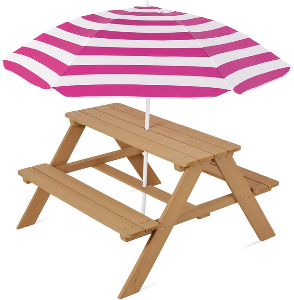 Best Choice Products - Mesa de picnic de madera para niños, mesa de actividades al aire última intervensión y comedor con paraguas plegable ajustable, asientos integrados, color natural/rosa oscuro
