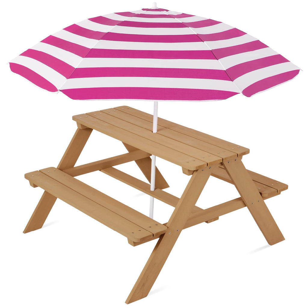 Best Choice Products - Mesa de picnic de madera para niños, mesa de actividades al aire última intervensión y comedor con paraguas plegable ajustable, asientos integrados, gris/azul marino