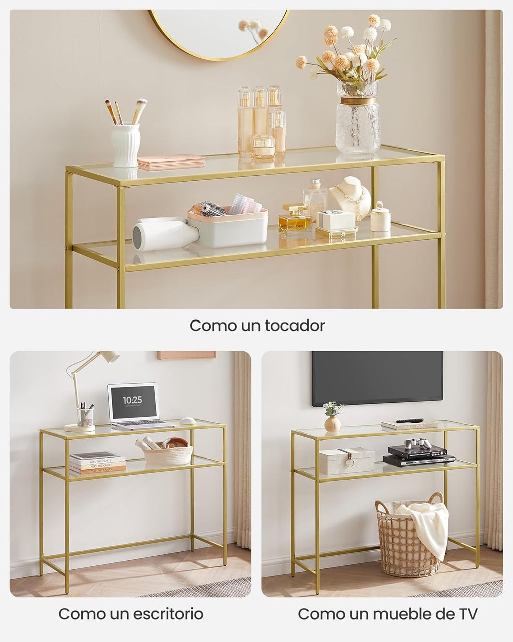 VASAGLE Mesa de Consola, Mesa de Entrada, Marco de Metal, Extremo del Sofá, Tablero de Vidrio Templado, Patas Ajustables, para Salón, Entrada, Pasillo, Dorado y Transparente MLGT025A01