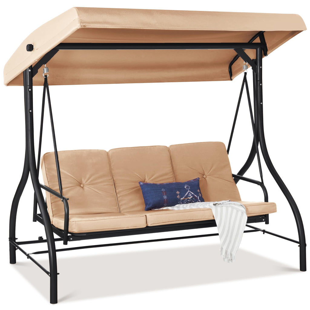 Best Choice Products - Toldo de 3 asientos para exteriores, gran convertible, hamaca de patio, sillón para porche, patio trasero con cama plana, visualización ajustable, cojines extraíbles, color azul