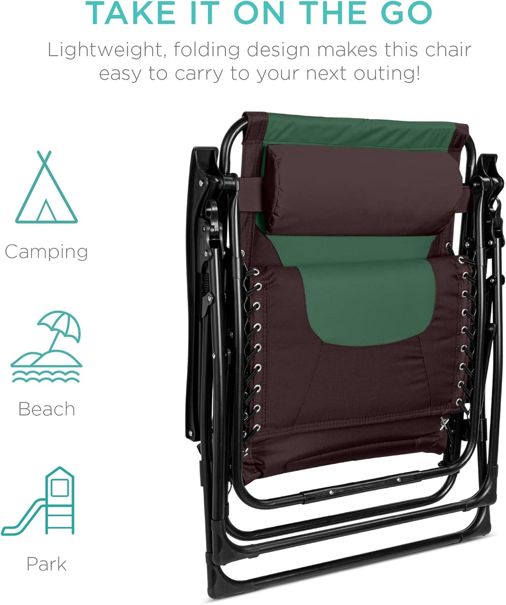 Best Choice Products - Silla acolchada de gran tamaño, reclinable plegable para patio al aire última intervensión, tumbona antigravedad XL para patio trasero con reposacabezas, soporte para vasos,