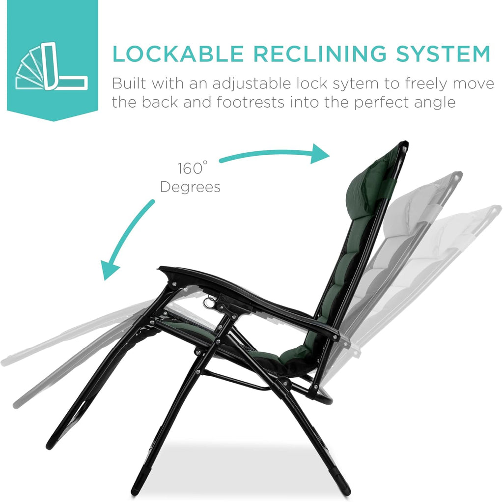 Best Choice Products - Silla acolchada de gran tamaño, reclinable plegable para patio al aire última intervensión, tumbona antigravedad XL para patio trasero con reposacabezas, soporte para vasos,