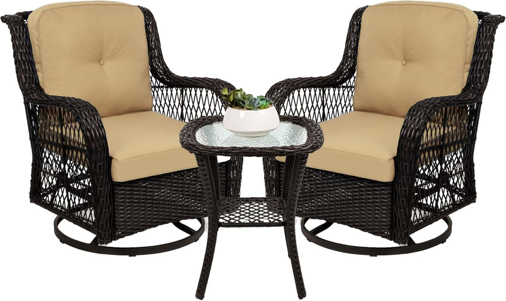 Best Choice Products - Juego de muebles de mimbre para exteriores con 2 mecedoras giratorias de 360 grados y mesa auxiliar de cristal templado, color beige