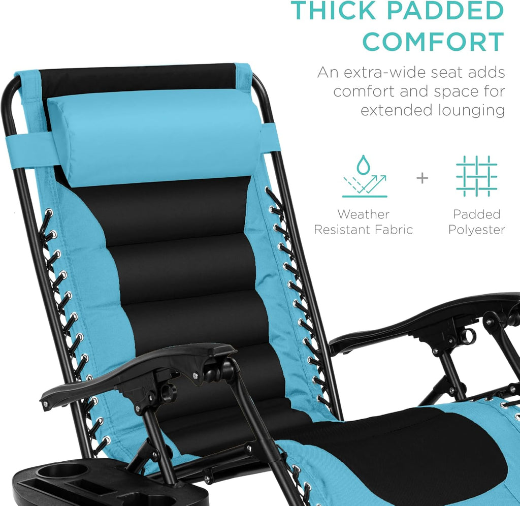 Best Choice Products - Silla acolchada de gran tamaño, reclinable plegable para patio al aire última intervensión, tumbona antigravedad XL para patio trasero con reposacabezas, soporte para vasos, bandeja lateral, malla de poliéster, azul claro/negro