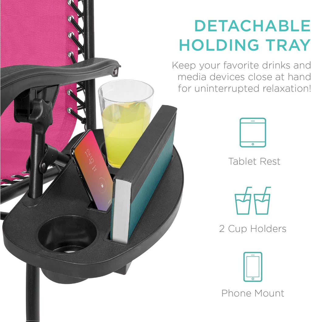 Best Choice Products - Juego de 2 sillas reclinables ajustables de malla de acero con gravedad cero con almohadas y bandejas para portavasos - rosa intenso/negro