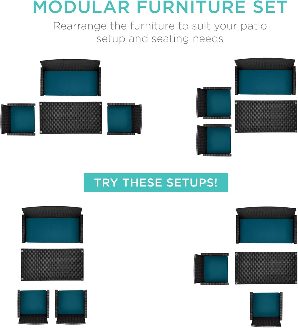 Best Choice Products - Juego de muebles de mimbre para patio de patio de 4 piezas para patio trasero con mesa de centro, cojines de asiento, color negro y pavo real