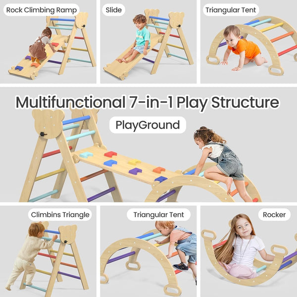 Juego de escalada Pikler 7 en 1, recolector de madera plegable, 3 piezas, para bebé y niños pequeños, con arco, rampa