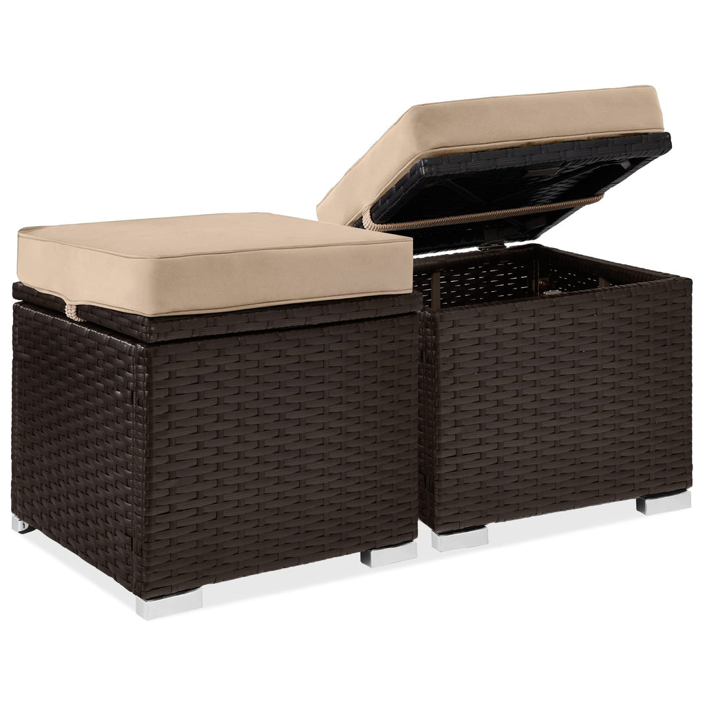 Best Choice Products - Juego de 2 otomanas de mimbre, muebles multiusos para exteriores, para patio, asiento adicional, reposapiés, mesa auxiliar con almacenamiento, cojines extraíbles, arena blanca