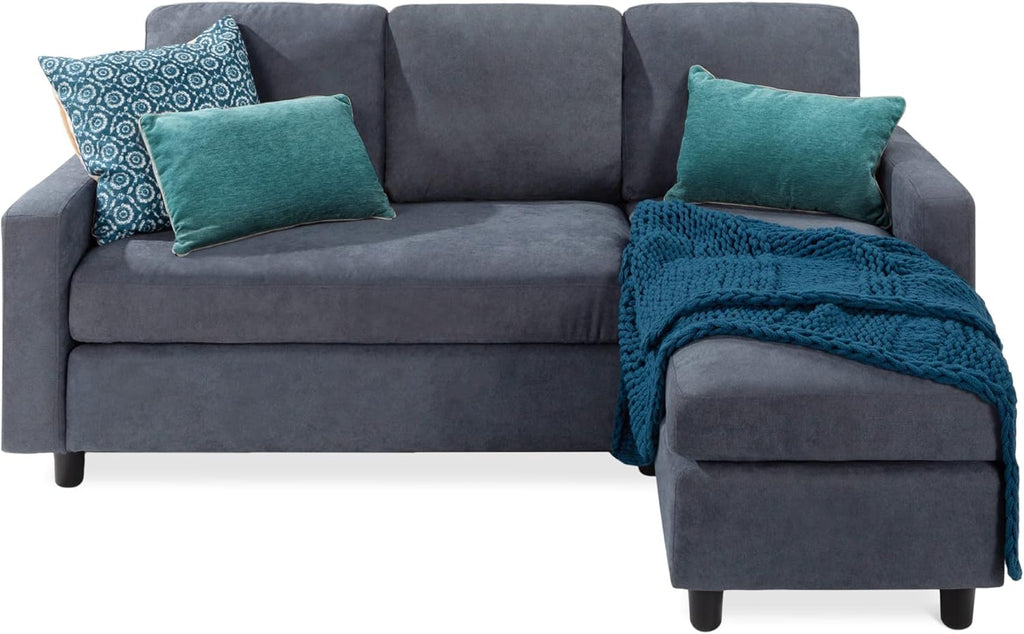 Best Choice Products Sofá seccional de lino para el hogar, apartamento, dormitorio, habitación extra, espacios compactos con chaise lounge, 3 asientos, diseño en forma de L, banco otomano reversible, capacidad de 800 libras - gris