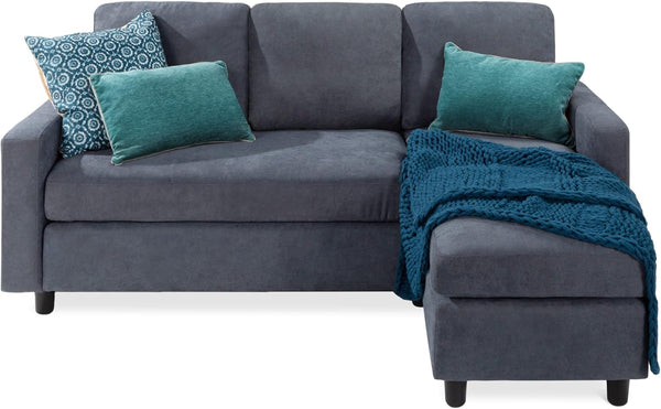 Best Choice Products Sofá seccional de lino para el hogar, apartamento, dormitorio, habitación extra, espacios compactos con chaise lounge, 3 asientos, diseño en forma de L, banco otomano reversible, capacidad de 800 libras - gris