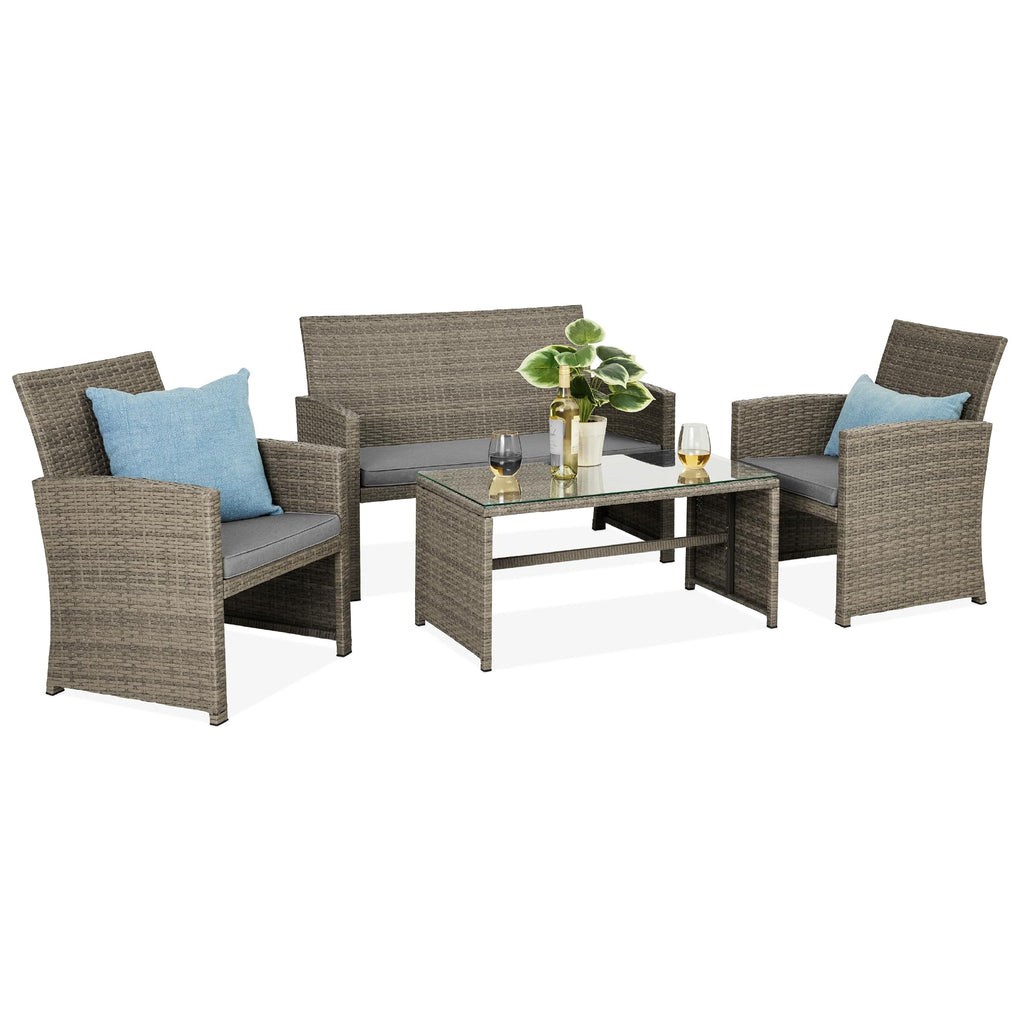 Best Choice Products - Juego de muebles de mimbre para patio de patio de 4 piezas para patio trasero con mesa de centro, cojines de asiento, color topo/arena blanca