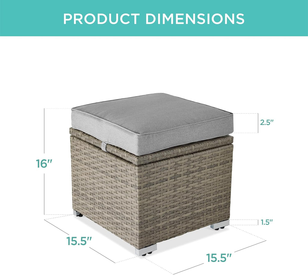 Best Choice Products - Juego de 2 otomanas de mimbre, muebles multiusos para exteriores, para patio, asiento adicional, reposapiés, mesa auxiliar con almacenamiento, cojines extraíbles, gris cemento
