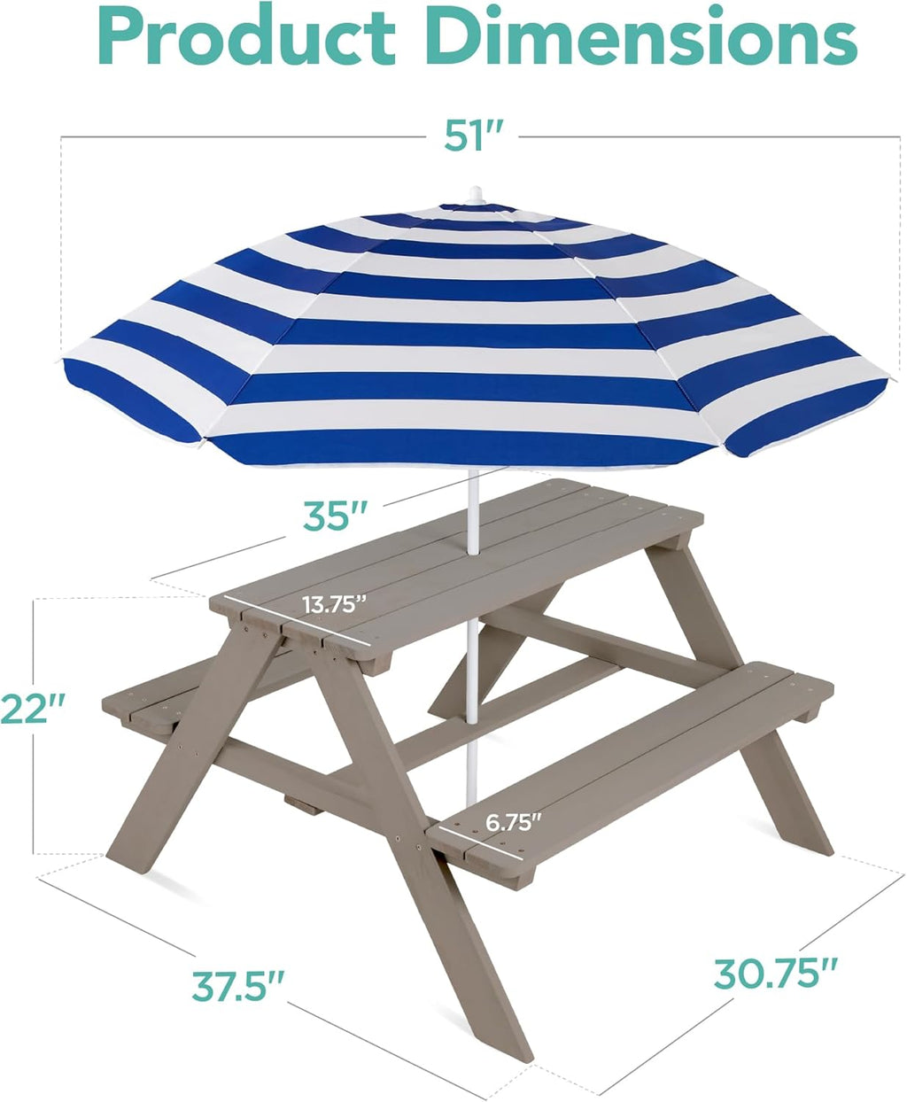 Best Choice Products - Mesa de picnic de madera para niños, mesa de actividades al aire última intervensión y comedor con paraguas plegable ajustable, asientos integrados, gris/azul marino