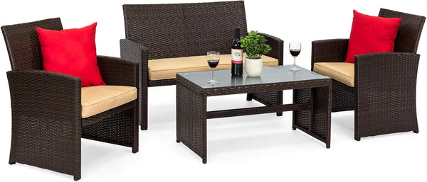 Best Choice Products Juego de Muebles de Mimbre de 4 Piezas con 4 Asientos, Mesa de Cristal Templado, Cojines de Mimbre marrón/Beige