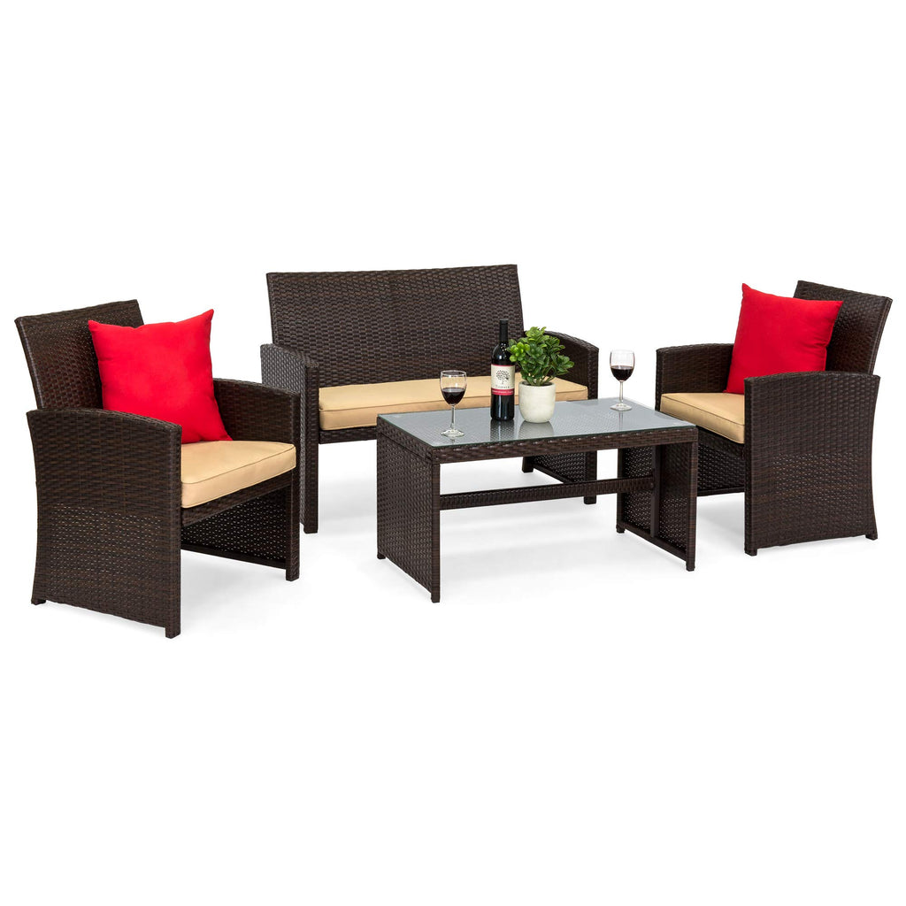 Best Choice Products - Juego de muebles de mimbre para patio de patio de 4 piezas para patio trasero con mesa de centro, cojines de asiento, color topo/arena blanca