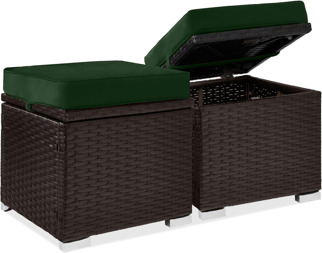 Best Choice Products - Juego de 2 otomanas de mimbre, muebles multiusos para exteriores, para patio, asiento adicional, reposapiés, mesa auxiliar con almacenamiento, cojines extraíbles, verde