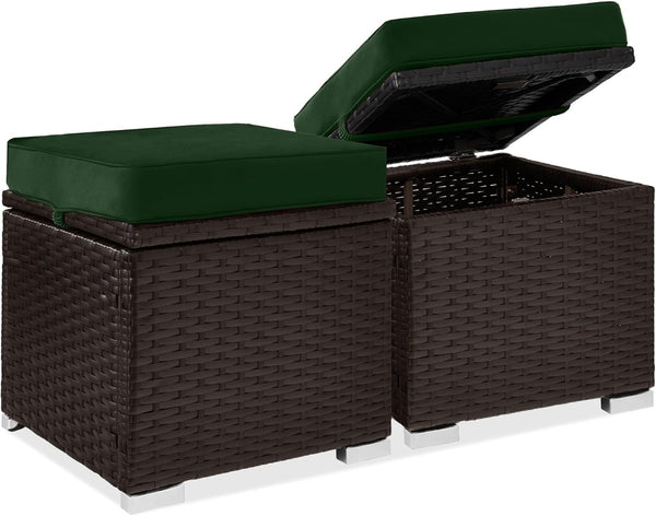 Best Choice Products - Juego de 2 otomanas de mimbre, muebles multiusos para exteriores, para patio, asiento adicional, reposapiés, mesa auxiliar con almacenamiento, cojines extraíbles, verde