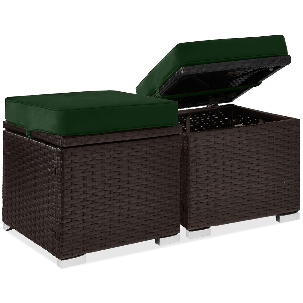 Best Choice Products - Juego de 2 otomanas de mimbre, muebles multiusos para exteriores, para patio, asiento adicional, reposapiés, mesa auxiliar con almacenamiento, cojines extraíbles, arena blanca