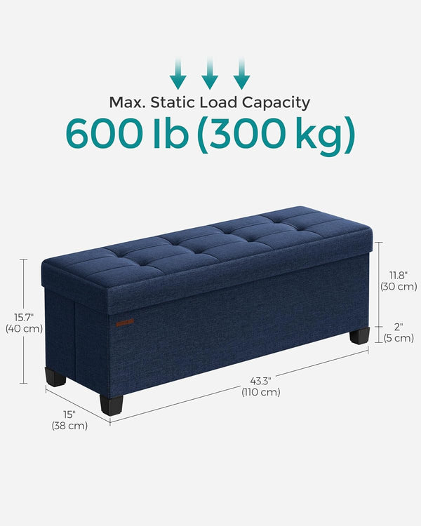 SONGMICS - Banco otomano de almacenamiento, reposapiés plegable con patas, 15 x 43 x 15.7 pulgadas, banco de extremo de cama, pecho de almacenamiento, carga hasta 650 libras, para sala de estar,