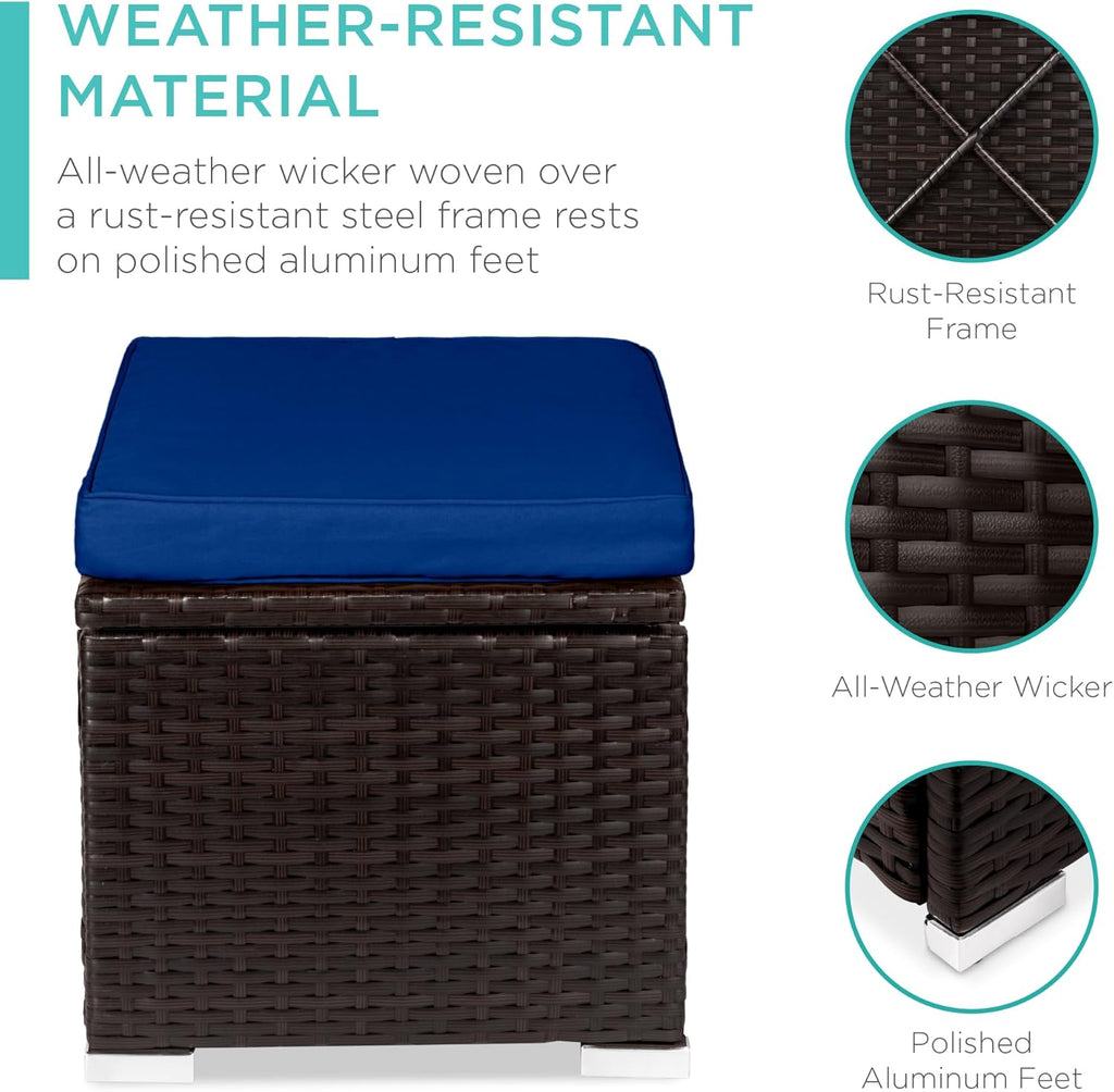 Best Choice Products - Juego de 2 otomanas de mimbre, muebles multiusos para exteriores, para patio, asiento adicional, reposapiés, mesa auxiliar con almacenamiento, cojines extraíbles, azul marino
