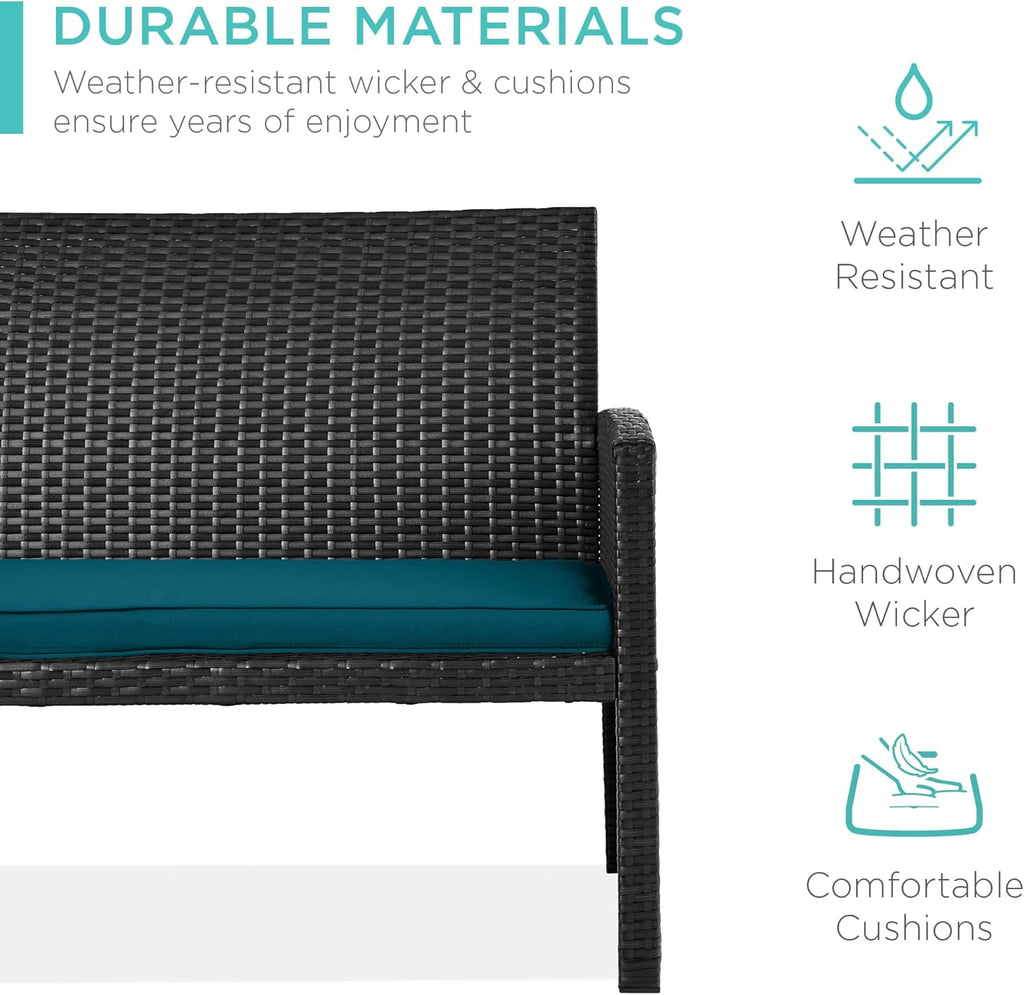 Best Choice Products - Juego de muebles de mimbre para patio de patio de 4 piezas para patio trasero con mesa de centro, cojines de asiento, color negro y pavo real