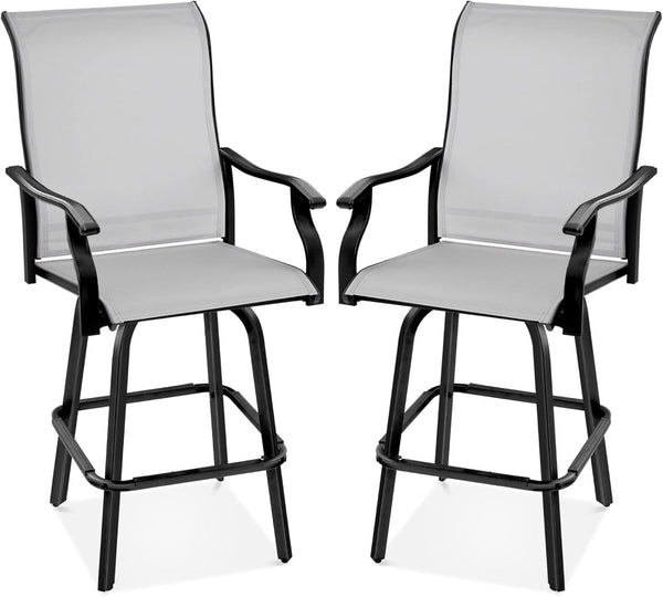 Best Choice Products - Juego de 2 taburetes giratorios, sillas para exteriores con altura de bar, 360 taburetes de bar giratorios para patio con malla para todo clima, capacidad de 300 libras, color gris