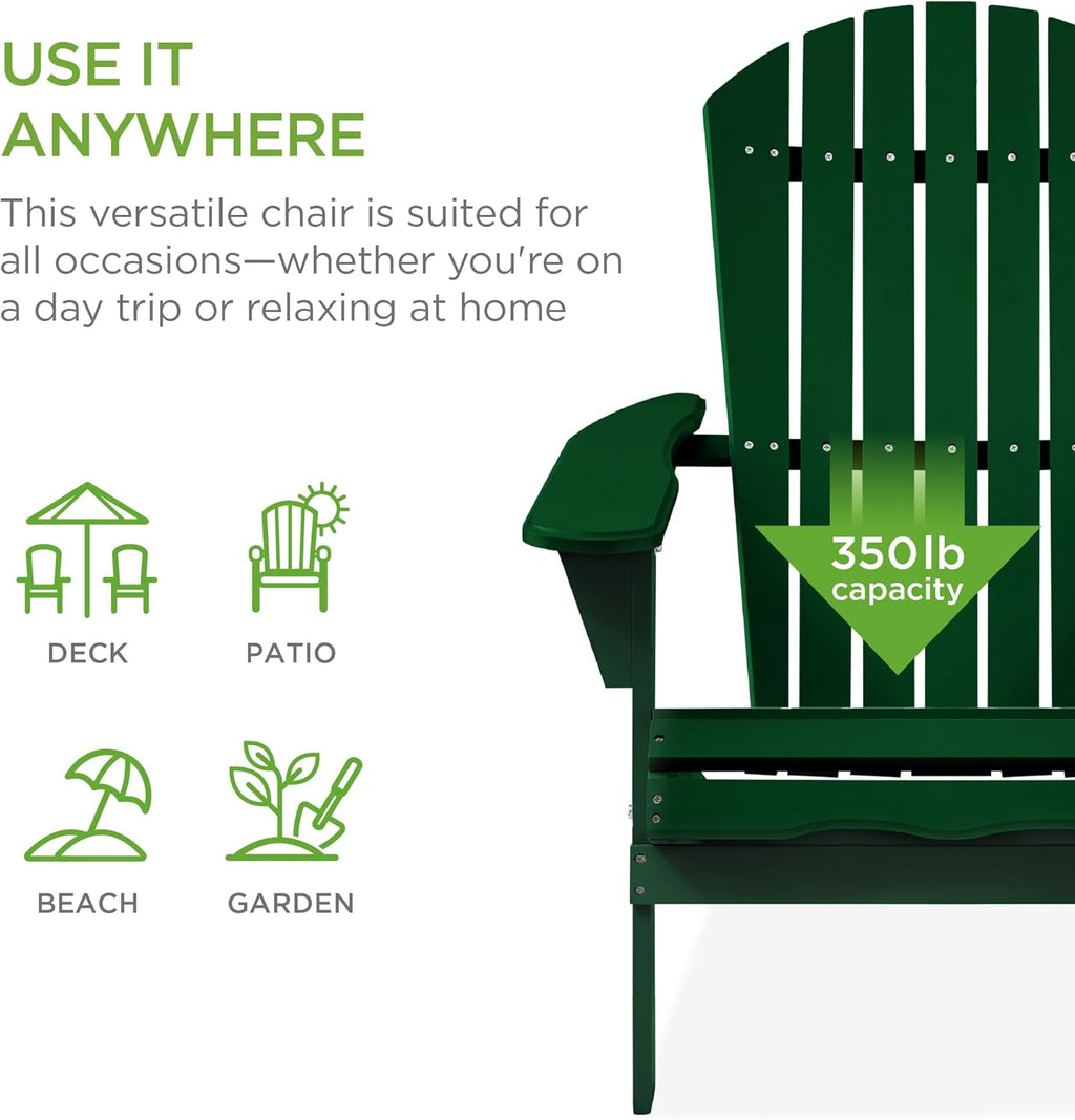 Best Choice Products - Silla plegable Adirondack para exteriores, muebles de madera, sillas de salón para patio, jardín, patio con capacidad de peso de 350 libras, color verde oscuro