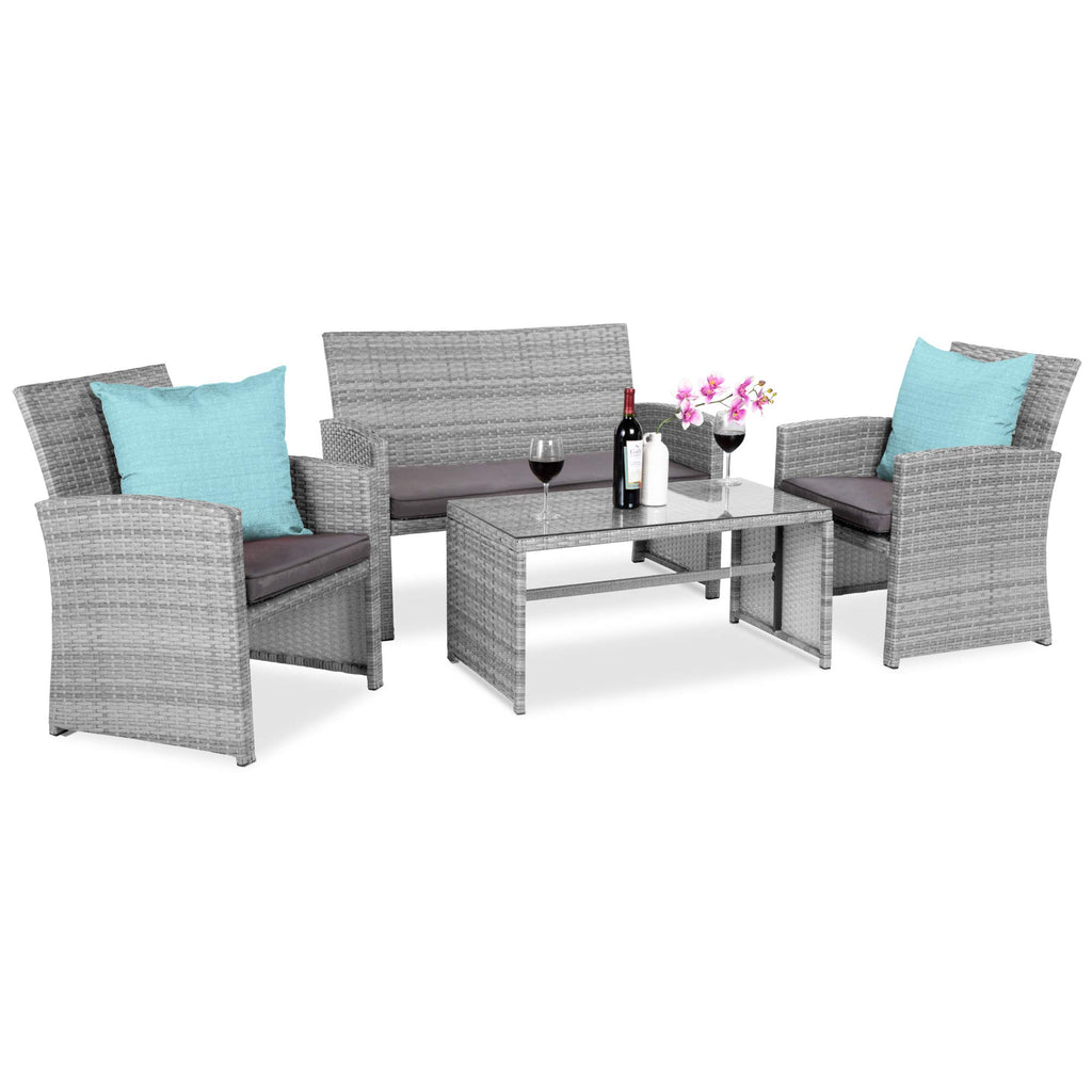 Best Choice Products - Juego de muebles de mimbre para patio de patio de 4 piezas para patio trasero con mesa de centro, cojines de asiento, color topo/arena blanca