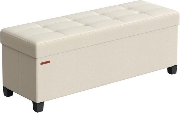 SONGMICS - Banco otomano de almacenamiento, reposapiés plegable con patas, 38.1 x 109.2 x 39.9 cm, baúl, carga hasta 299 kg, para sala de estar, recámara, entrada, blanco crema, ULSF018W01