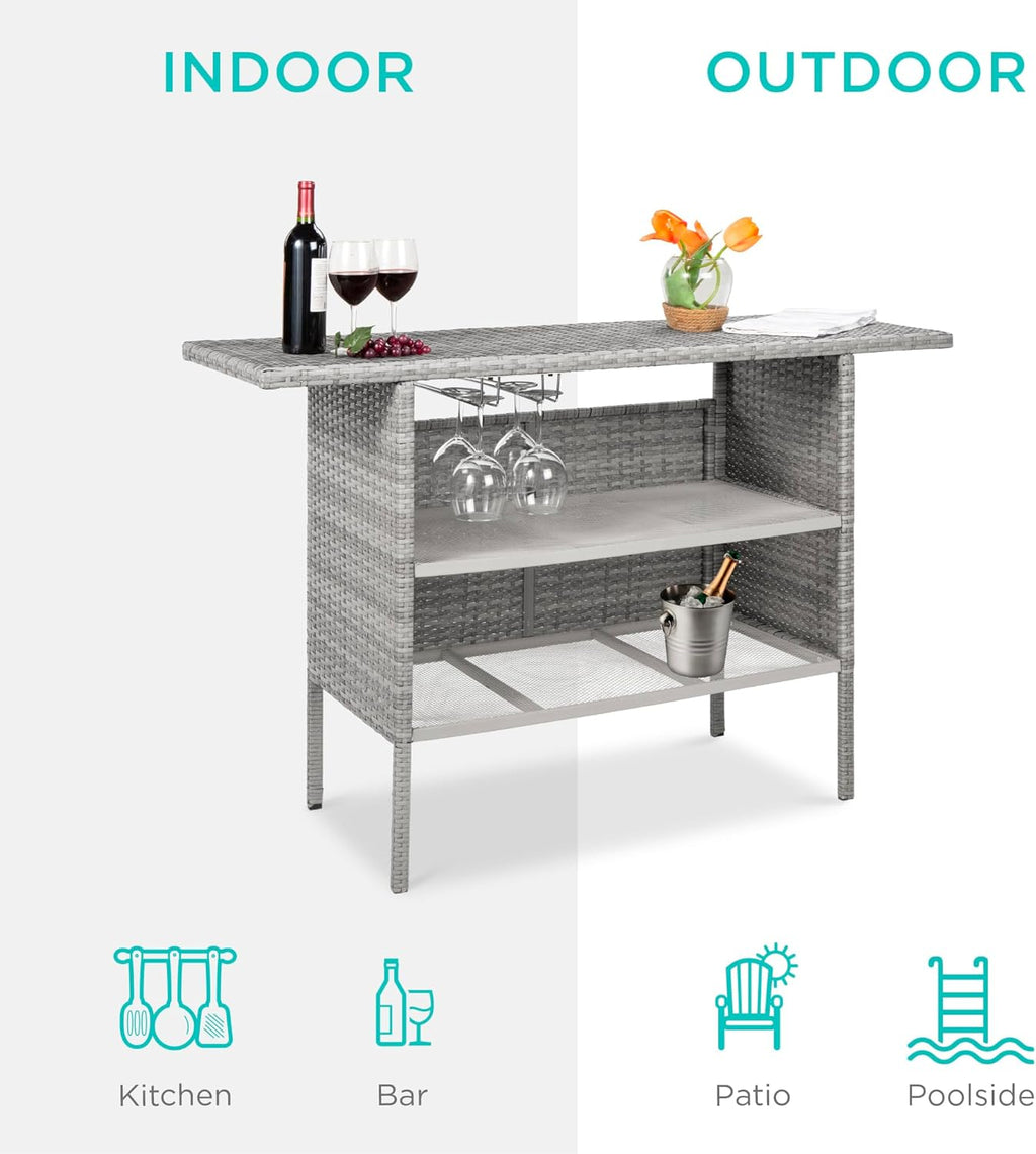 Best Choice Products - Mesa de mimbre para patio al aire libre con 2 estantes de acero y 2 juegos de carriles, color gris