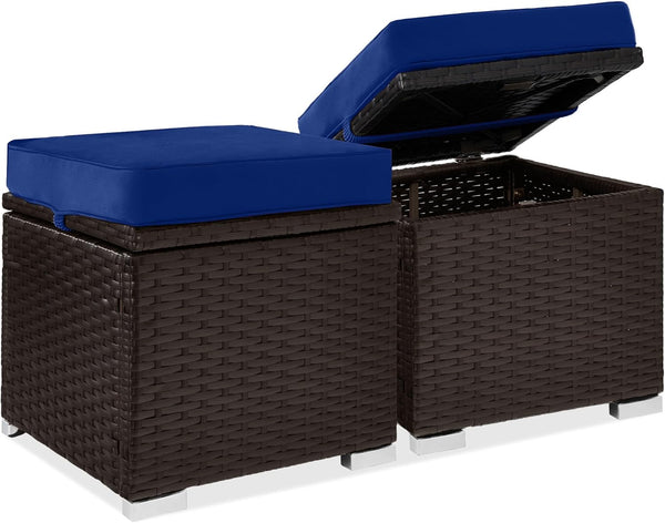 Best Choice Products - Juego de 2 otomanas de mimbre, muebles multiusos para exteriores, para patio, asiento adicional, reposapiés, mesa auxiliar con almacenamiento, cojines extraíbles, azul marino