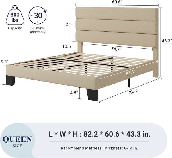 Marco de Cama de Plataforma tamaño Queen con cabecera tapizada de Tela y Soporte de Listones de Madera, Base de colchón Totalmente tapizada, no Necesita somier, fácil Montaje, Color Beige
