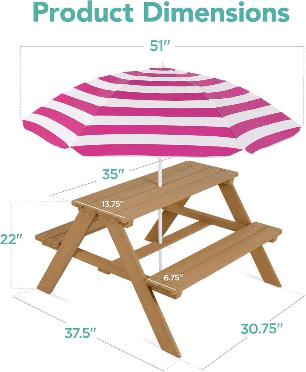 Best Choice Products - Mesa de picnic de madera para niños, mesa de actividades al aire última intervensión y comedor con paraguas plegable ajustable, asientos integrados, color natural/rosa oscuro