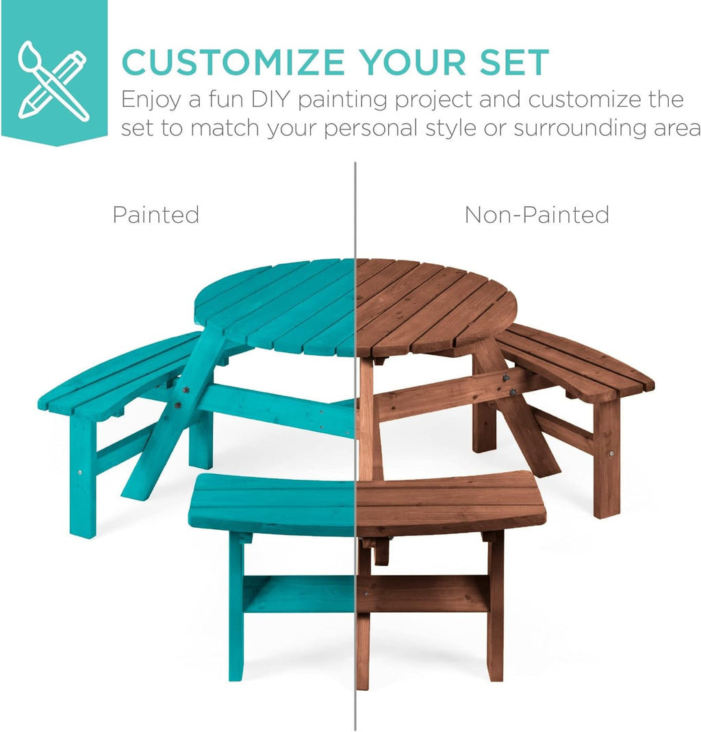 Best Choice Products Mesa circular de picnic de madera para 6 personas para patio, patio, jardín, bricolaje con 3 bancos integrados, capacidad de 500 libras, color café nogal